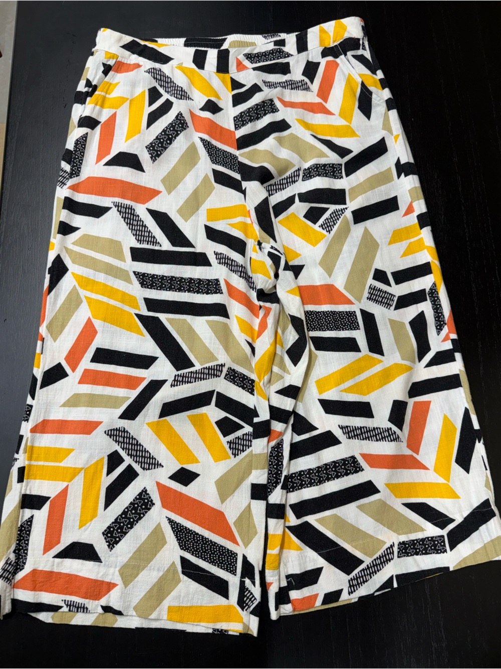 Ulla Popken Linen Blend Geometric Print Wide-Leg Pants — Black, Yellow & Orange
